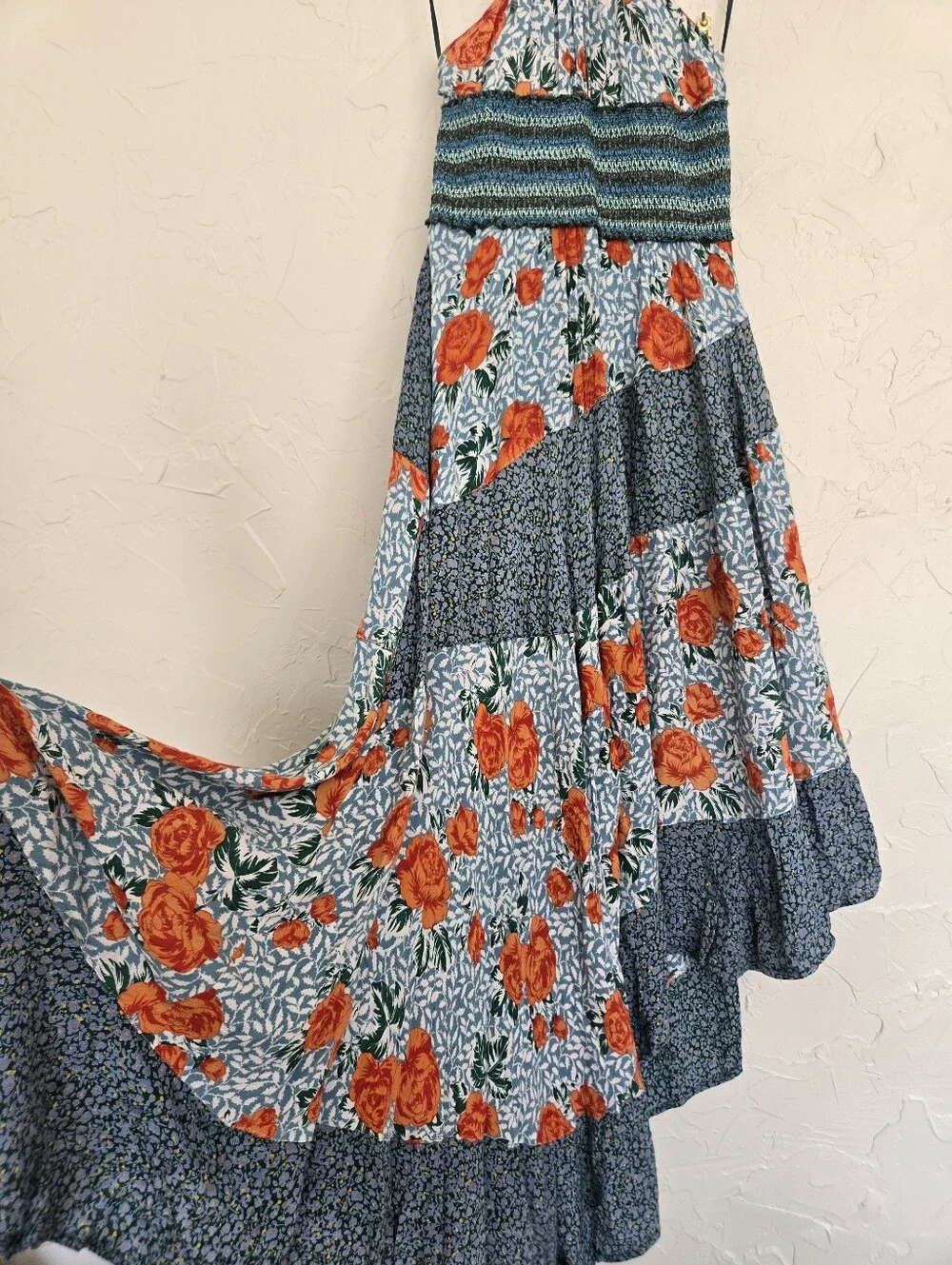 Free People Asymmetric Colorful Teal Orange Floral Halter Dress, S